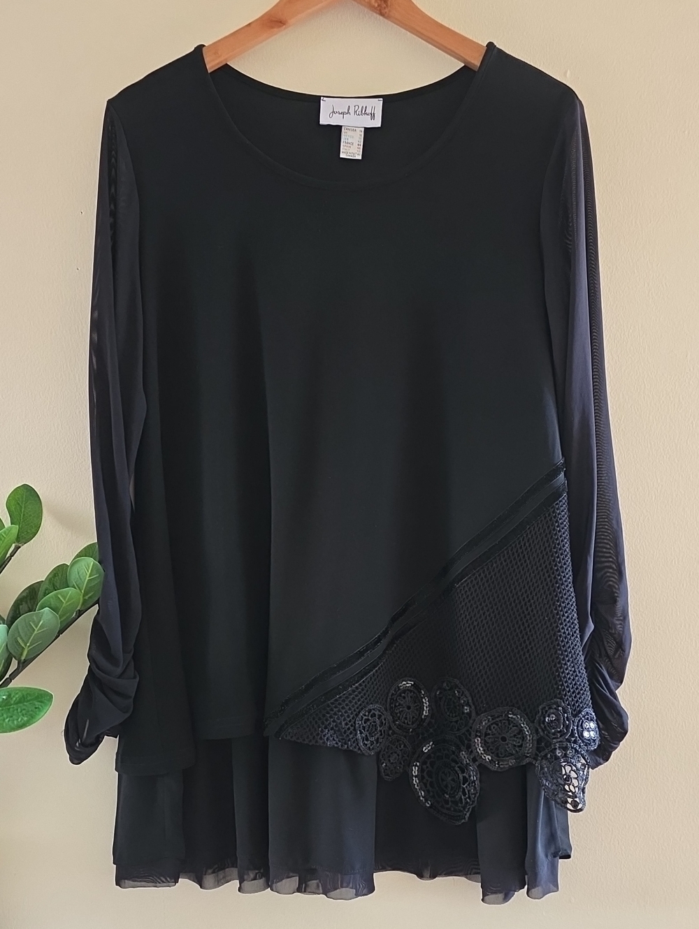 Joseph Ribkoff Asymmetrical Sequin and Mesh Overlay Detail Tunic Top - 14 US
